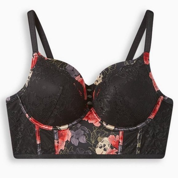 ❤️NWT VINTAGE TORRID FLORAL SKULL XO PLUNGE - PUSH UP - LONGLINE BACK SMOOTHING - Picture 5 of 9